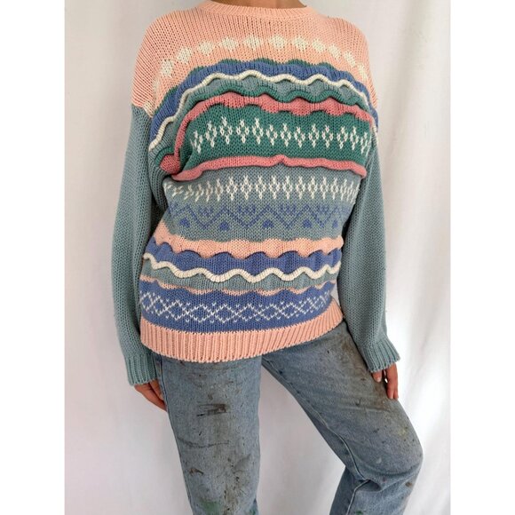 80s vintage pink blue pastel striped textured grandma cottage ugly knit sweater - Picture 5 of 8